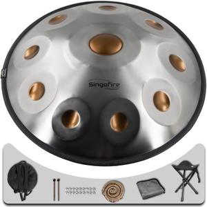 Handpan Drum, 22-Inch 10-Notes 440Hz D Minor Kurd, Handpan Instrument with Soft Bag, 2 Mallets, Stand and Dust-Free Cloth (GoldEye)