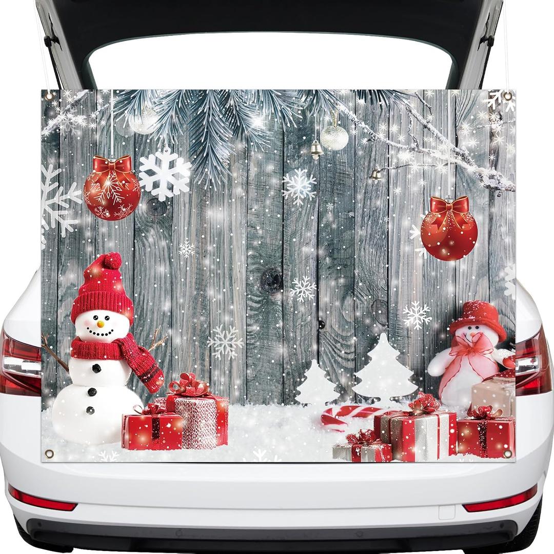 Halloween Trunk or Treat Car Decorations Kit Christmas in October Theme Wood Winter Snowman Backdrop Xmas Trunk or Treat Decorations for SUV,Archway,Garage Door,Photo Booth Party Supplies