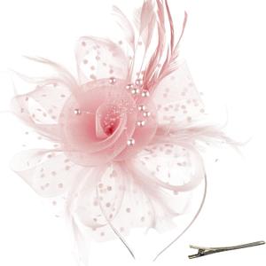 DRESHOW Fascinators Hat Flower Mesh Ribbons Feathers on a Headband and a Clip Tea Party Headwear for Girls and Women (7" Diameter / Blush Pink)