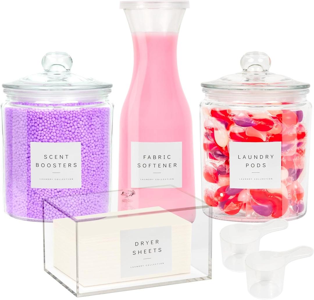 Glass Laundry Room Organization and Storage Set with Pods Holder, Detergent Container, Fabric Softener, Scent Booster Dryer Balls Acrylic Dryer Sheet Holder 2 Half Gallon Glass Jars Labels (4)