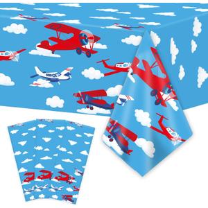 Wiooffen 3pcs Airplane Party Tablecloth Supplies Plane Plastic Table Cloth Helicopter Blue Sky Theme Table Cover Favors Disposable Tablecloths Birthday Decorations for Kids, 54 x 108