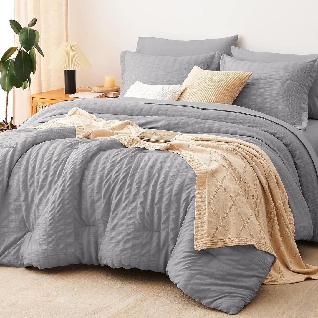 King Size Comforter Set, 7 Pieces Grey Seersucker Bed in a Bag | OEKO-TEX Certified, All Season Bedding Set with 240 GSM Down Alternative Comforter, Flat & Fitted Sheets, Pillowcases & Shams