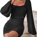 Women's Square Neck Ruched Mesh Puff Long Sleeve Bodycon Mini Party Dress