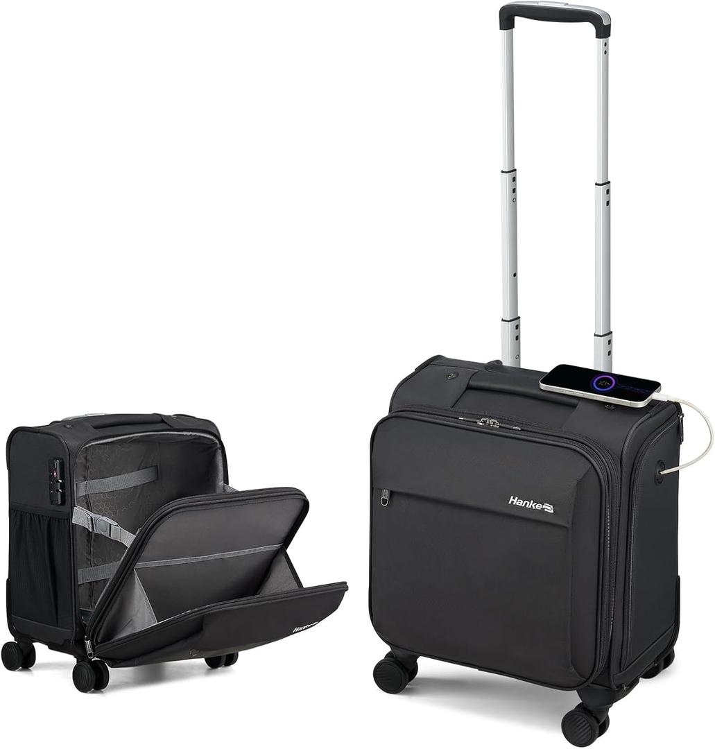 Hanke 16 Inch Underseat Carry On Luggage with Wheels Small Suitcase Softside Luggage Bags for Travel Lightweight Suitcases with Wheels Travel Luggage Personal Item for Men and Women(Black)