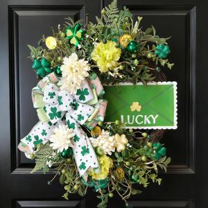 20 Inch St. Patrick's Day Wreath, Lucky Clover Front Door Wreath with Green Lucky Sign & Bow, Green Wreath for Home Porch Walls, Fireplaces, Courtyards Decor St. Patrick's Day Party Decor 