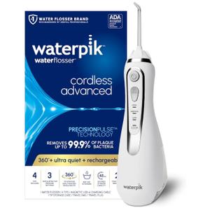 Waterpik Cordless Advanced 2.0 Water Flosser For Teeth, Gums, Braces, Dental Care With Travel Bag and 4 Tips, ADA Accepted, Rechargeable, Portable, and Waterproof, White WP-580, Packaging May Vary
