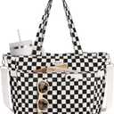 Bagstellar Corduroy Tote Bag for Women, 17 Pockets Laptop Work Tote Bag Lightweight Teacher Nurse Bible Bag for School Travel | with 40oz Cup Holder, Multi Compartment, Zipper Crossbody Bag, College Shoulder Bag, Daily Purse w/ Strap, Ideal Gift for Women (Black Checkered)