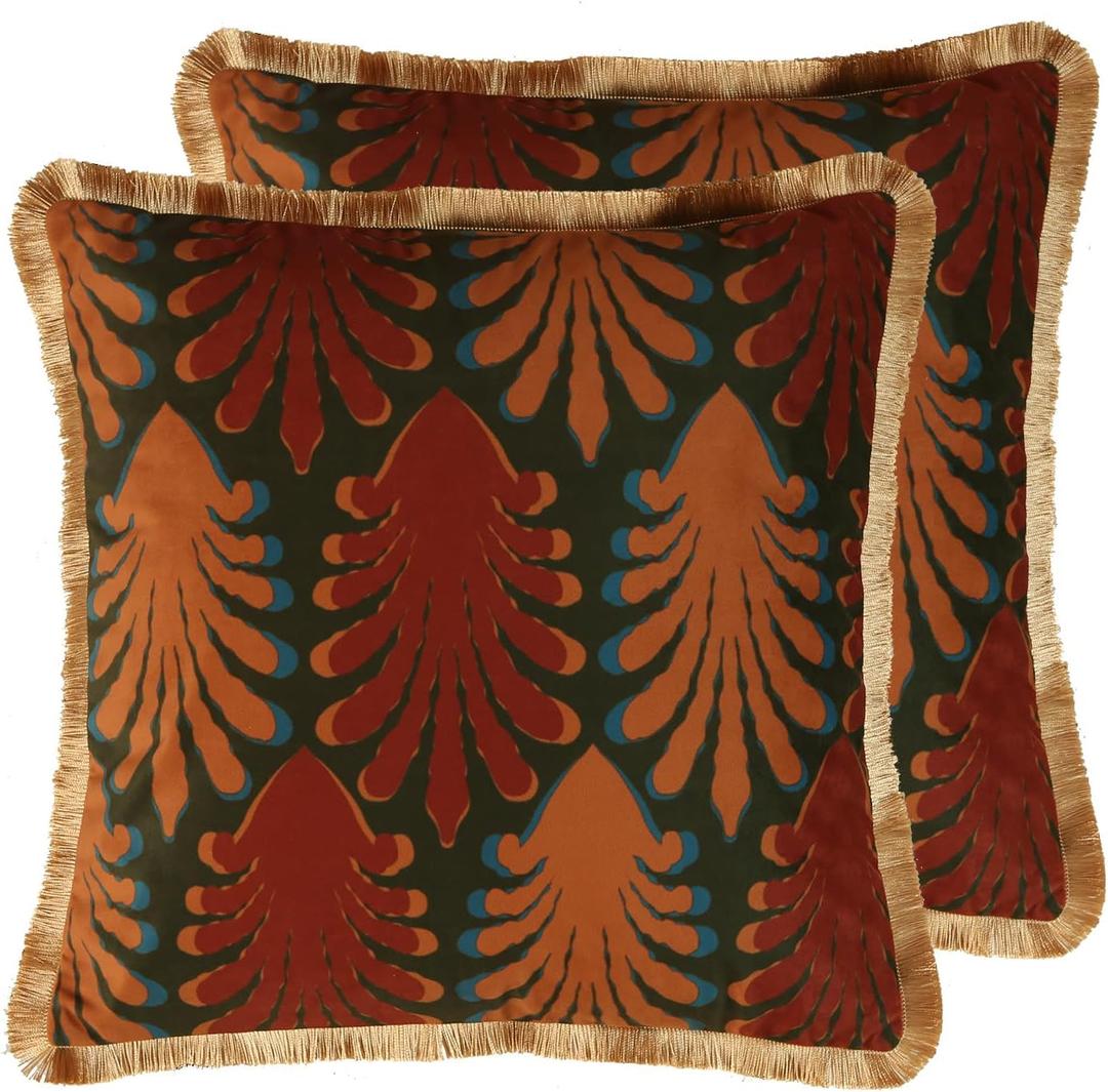 patdrea Designer Velvet Throw Pillow Covers 18x18 Inch,Farmhouse Yellow Jungle with Brown Palm Leaves Pattern,Decorative Square Pillowcases Cushion for Bed Living Room Outdoor Car,Pack of 2