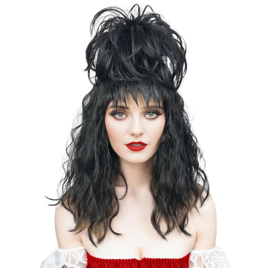 Short Black Wavy Wig with Bangs Bun Hair Clip Pre-styled Gothic Bride Curly Wig Water Wave Wig Halloween Costume Cosplay Wigs Party Women (Black)