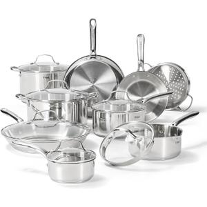 T-fal Gourmet 15-Piece Stainless Steel Cookware Set, Pots and Pans Cooking Set, Dishwasher Safe, Oven Safe to 500F, Induction Compatible, Stock Pot, Sauce, Saute, Frying Pans, Silver