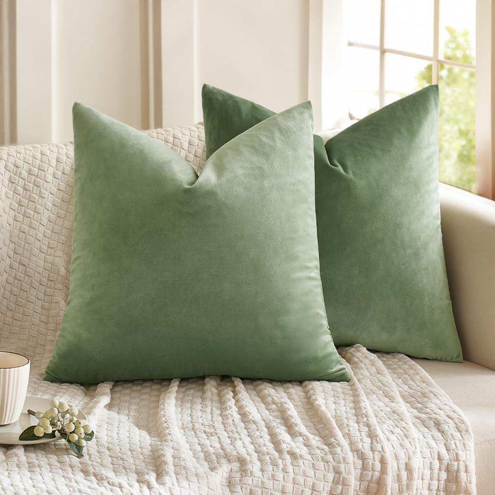 MIULEE Velvet Throw Pillow Covers 16x16 Inch, Pack of 2 - Sage Green, Soft Solid Decorative Pillow Covers Cushion Cases Modern Luxury Home Decor for Spring Couch Sofa Bedroom Livingroom