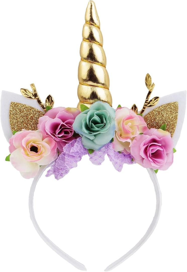 Nishine Unicorn Horn Floral Headband Glitter Ears Pony Head Bands Tiara for Girls Party Birthday Cosplay (Gold&mint)