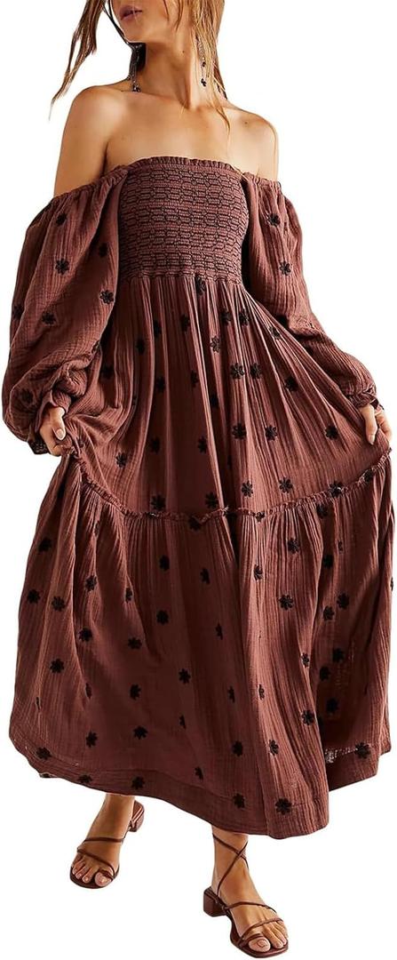 Women Floral Embroidered Maxi Dress Long Puff Sleeve Square Neck Bohemian Flowy Dress with Pockets Summer Fall (Large, Dark Brown)