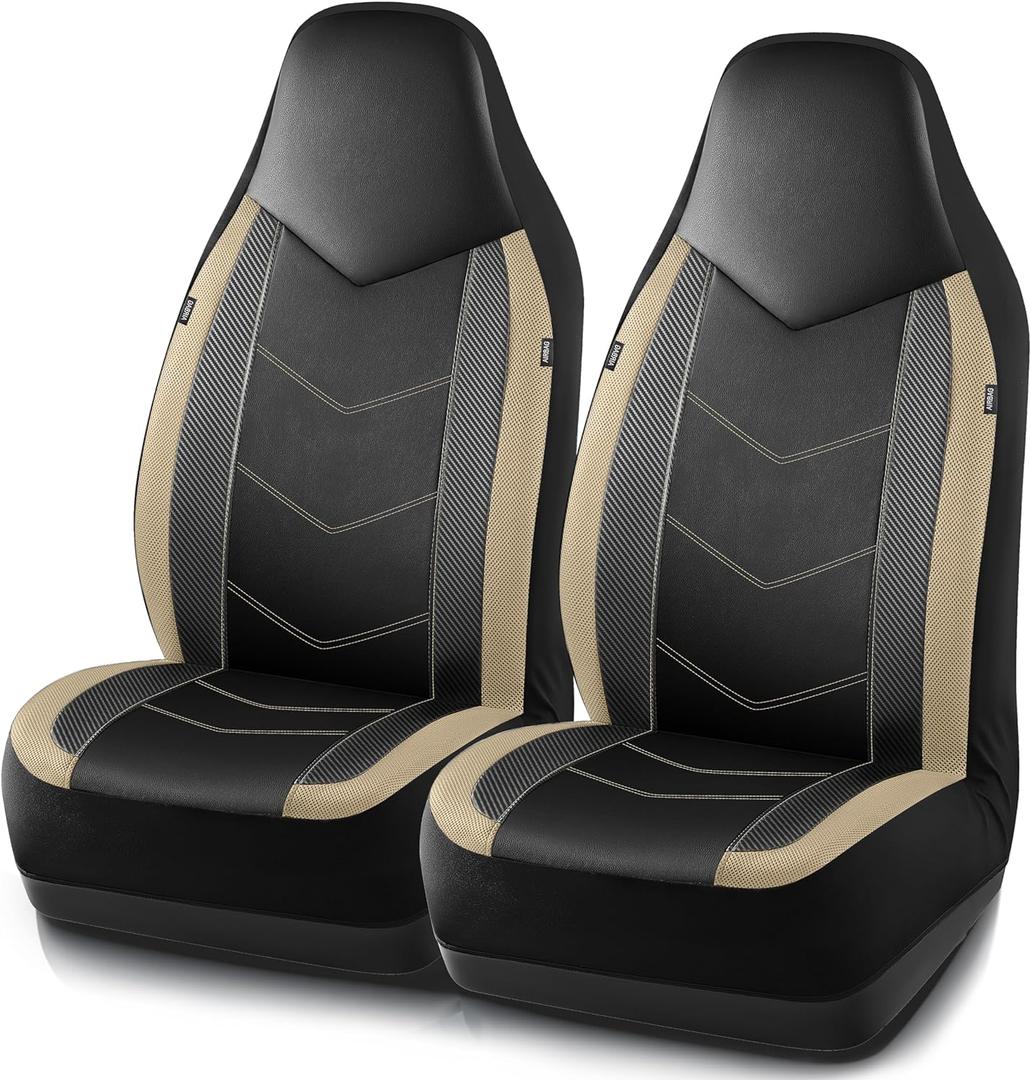 PIC AUTO Leather Car Seat Covers, Sports Carbon Fiber & Mesh Design, High-Back Two Front Set, Waterproof Automotive Seat Covers, Airbag Compatible, Universal Fit for Most Cars (Black & Beige)