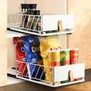 No Drill Pull Out Organizer Drawer,Slide Out Nano Adhesive Mesh Basket with Genuine Leather Handle for Pantry Cabinet Shelf Kitchen/Bathroom/Office Desk Storage,15.86"D x 9.84"W x 4.3"H-1 White