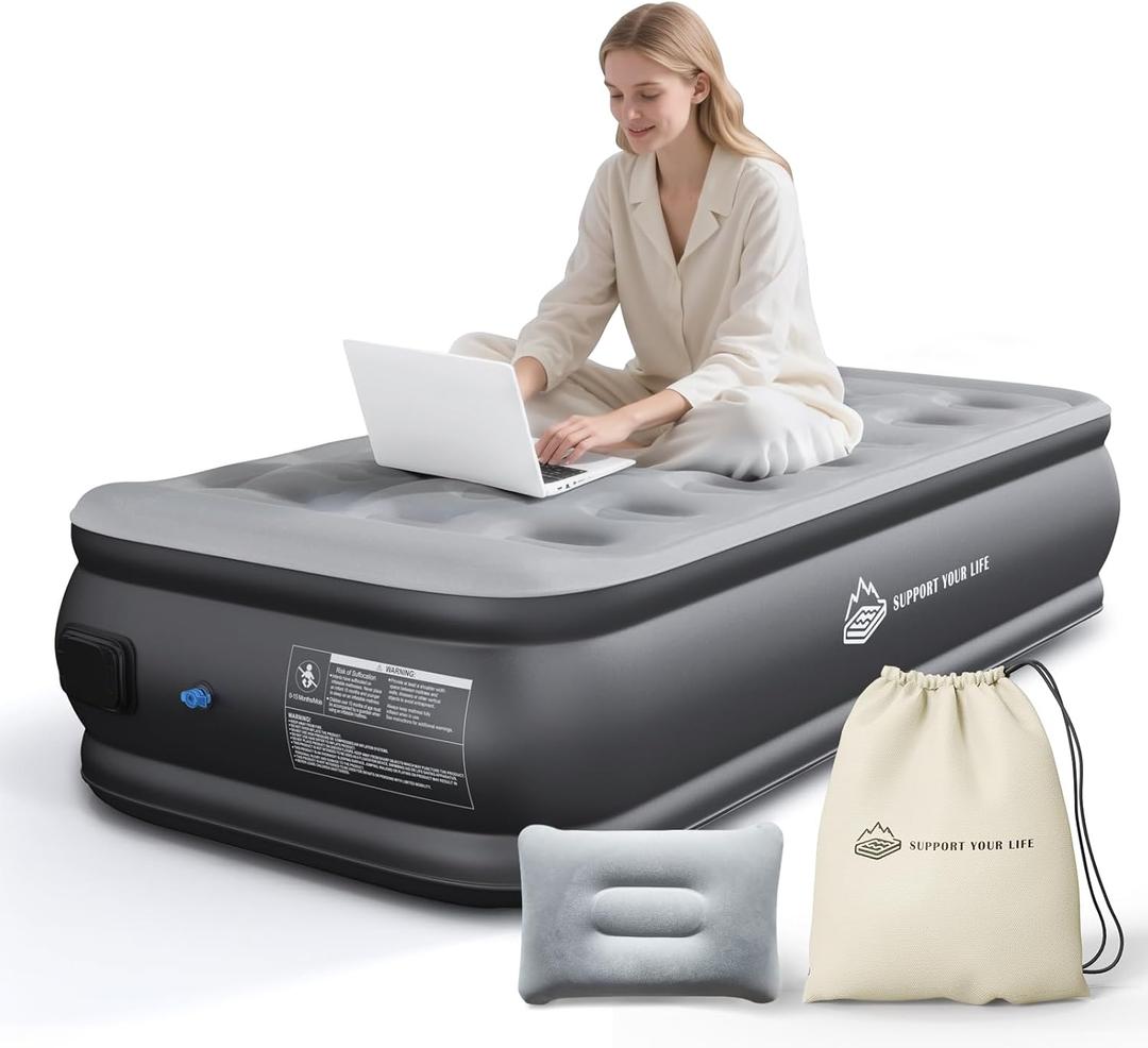 JUITOY Twin Air Mattress with Built in Pump, 18" Upgraded One-Touch Inflatable Airbed for Home, Camping Guests, Portable Blow Up Mattress, 440lbs Capacity