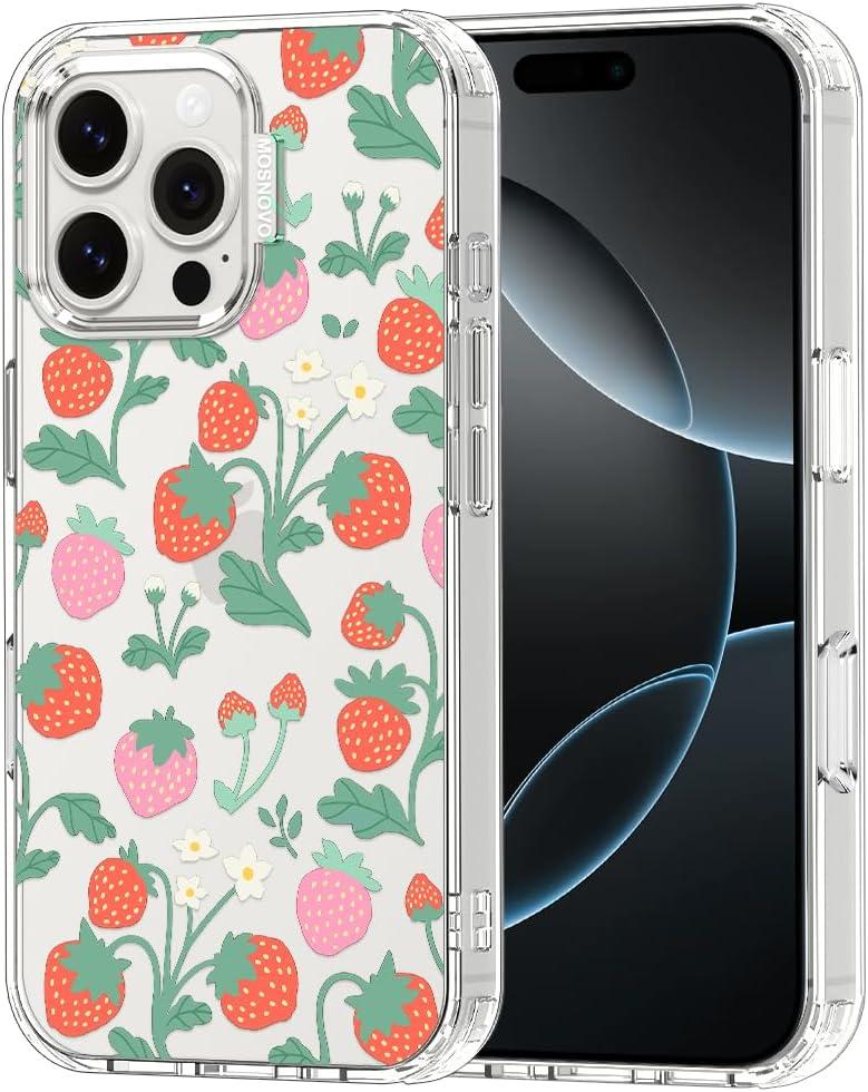 MOSNOVO Case for iPhone 16 Pro Max, [Buffertech 6.6ft Military-Grade Drop Protection] [Anti Peel Off Tech] Clear TPU Bumper Phone Case Cover Design - Strawberry Garden
