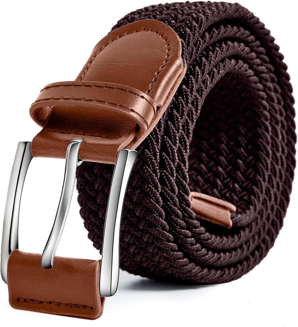 Men's Belt Elastic Braided Belt Casual Solid Color Stretch Woven Belt for Men (Dark Brown)
