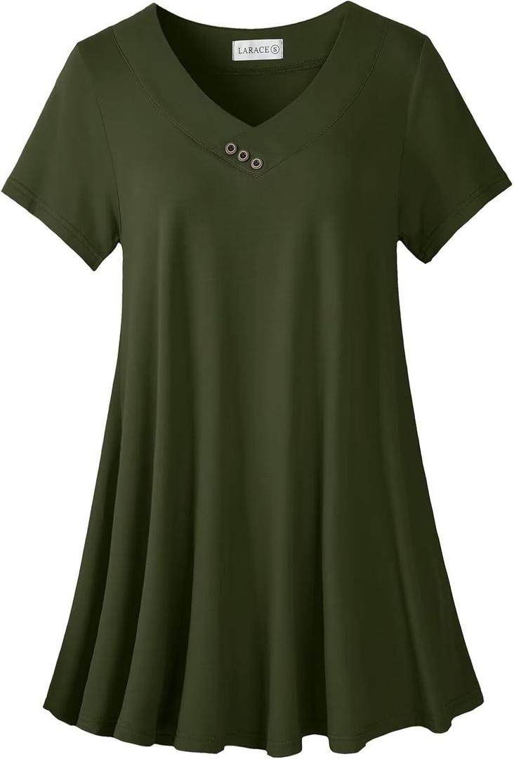 LARACE Plus Size Tops for Womens T Shirts Button Down Summer Clothes Short Sleeve Tunics Casual V Neck Blouses (Green, XXL)