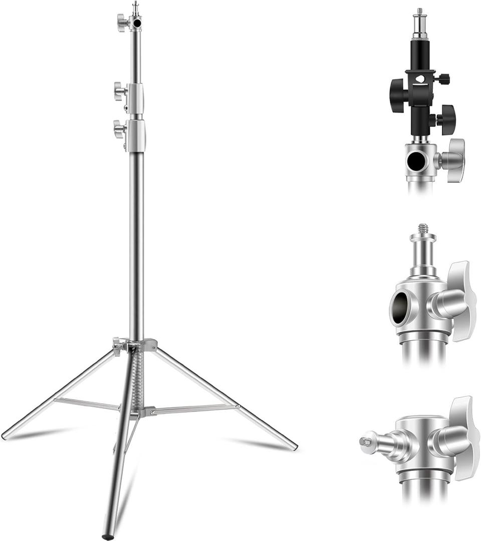 Wellmaking Stainless Steel Photography Light Stand 9.2ft/280cm.Spring Cushioned Heavy Duty Tripod Stand with 1/4to3/8 Screw Adapter and Tilt Swivel Mount for Strobe, Video Light,ring light,Monolight