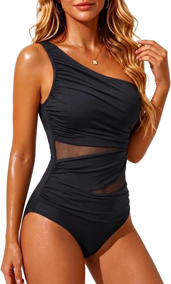 Aqua Eve Womens One Piece Swimsuits - Tummy Control One Shoulder Bathing Suit Cut Out Swimwear 2026 (Medium, Black)