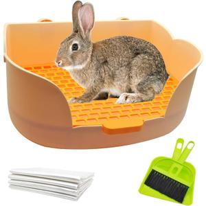 PINVNBY Litter Box for Rabbits,Plastic Rabbit Pan with Grate,Bunny Potty Training Corner Detachable Rabbit Toilet Bedding Accessory for Hedgehog Chinchilla Ferret (Orange)
