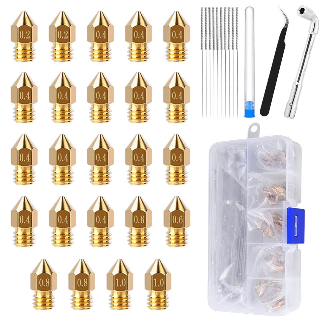 Comgrow 24PCS MK8 Nozzles 3D Printer Extruders Brass Nozzles 0.2mm/0.4mm/0.6mm/0.8mm/1.0mm, 3D Printer Brass Hotend Nozzles with DIY Tools Storage Box for Creality Ender 3/Ender 3 Pro/Ender 3 S1/CR 10