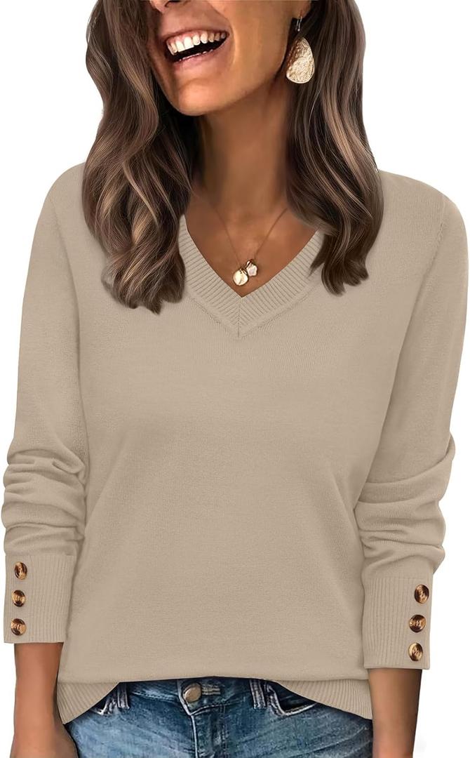 WIHOLL Lightweight Sweaters for Women Long Sleeve V Neck Knit Outfits with Decorative Buttons (Medium)