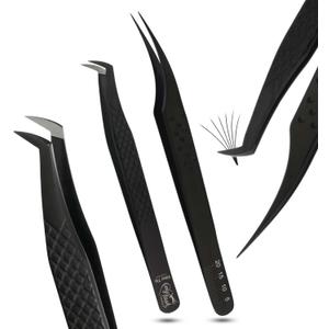 My Lash Tools Lash Tweezers For Eyelash Extensions 2Pcs Fiber Tip Tweezers For Lash Extensions and Dolphin Isolation Tweezers Mega Mink Fan Volume Lash Tweezer Stainless Steel (Black Tweezers set)