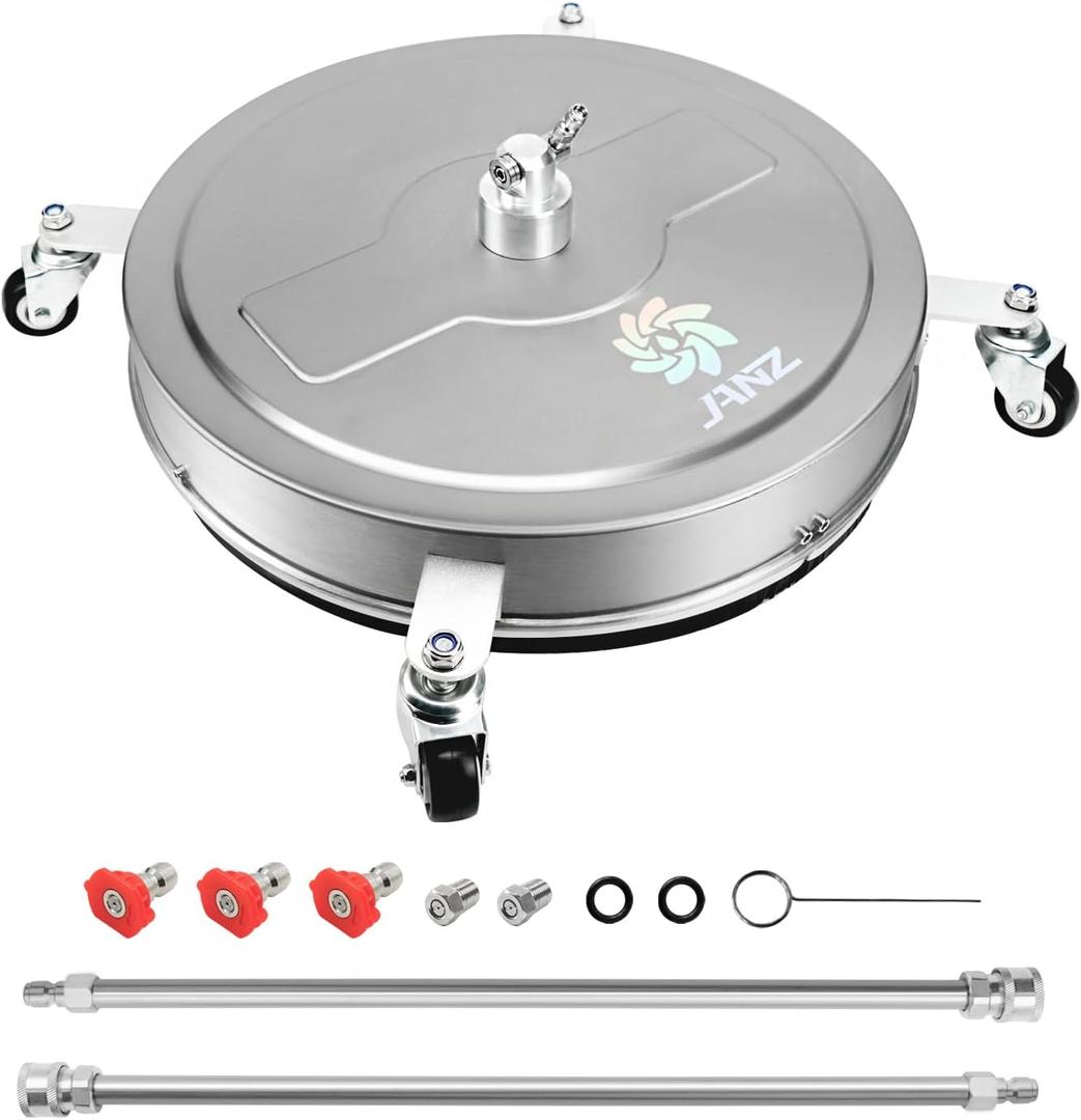 JANZ 20'' Pressure Washer Surface Cleaner with 4 Wheels, Stainless Steel Housing, 1/4" Quick Plug, 2 Extension Wands, 2 Replacement Nozzles and 3 Spray Nozzles, 4000 PSI