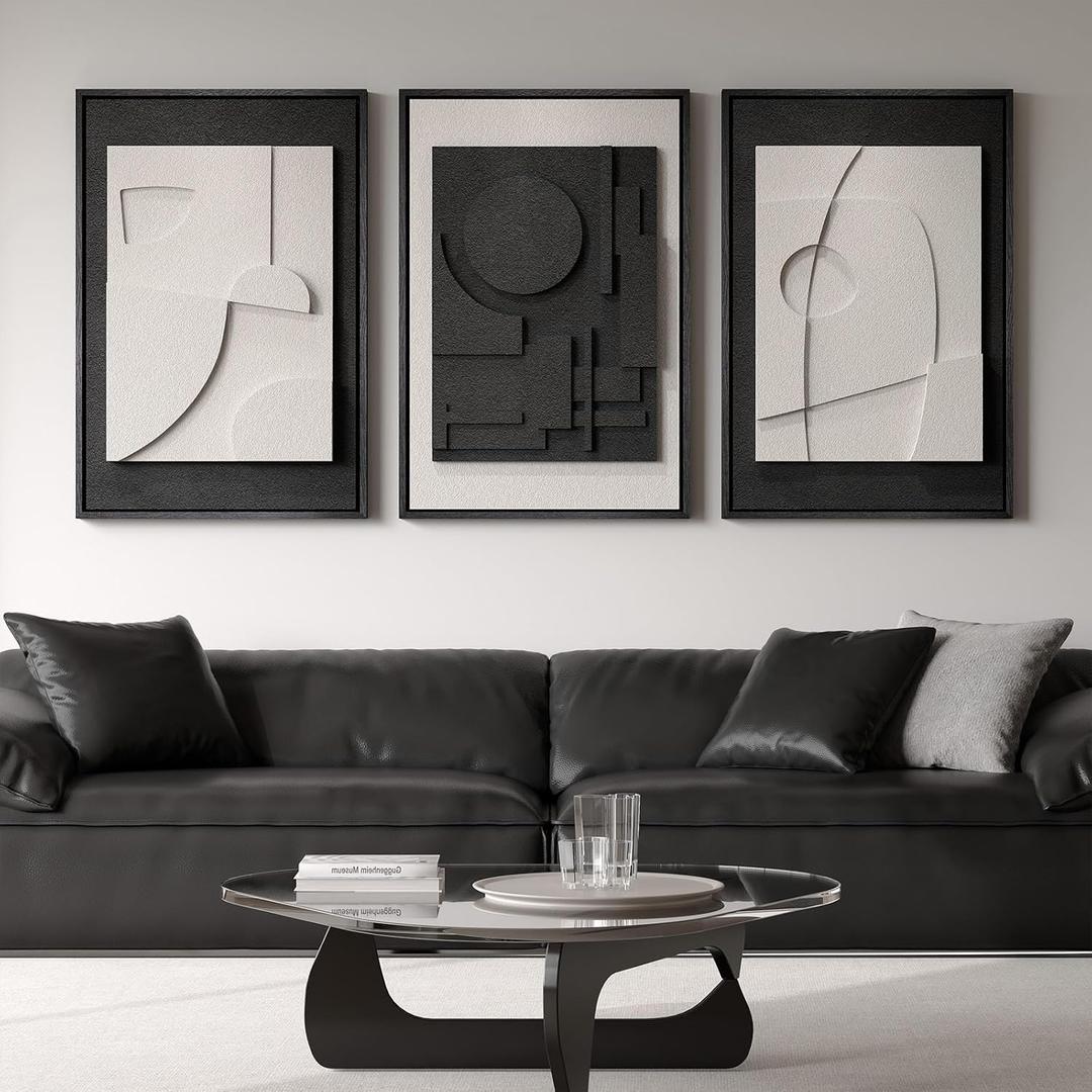 Large 3D Textured Framed Black and White Abstract Wall Art, 3 Piece Modern Wall Paintings Artwork for Walls, Minimalist Black White Geometric Pictures for Living Room, Hallway, Dining Room Wall Decor, 20"W x 30"H x 3Pcs