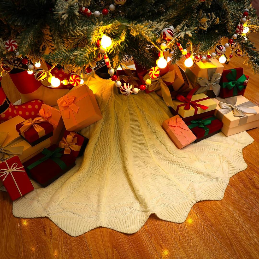 Boao 48 Inch Knitted Christmas Tree Skirt Cream Knit Tree Skirt Rustic Farmhouse Xmas Chunky Cable Decor for Vintage Winter Holiday Party Diamond Polygon Star Cable Knit Christmas Decor
