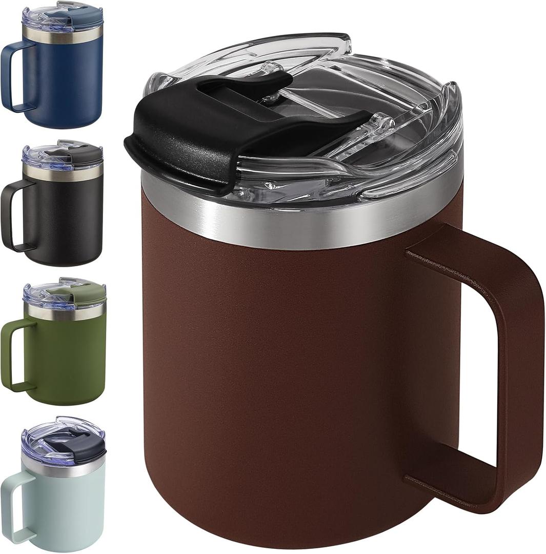 12oz Insulated Coffee Mug Cup with Handle, Stainless Steel Travel Coffee Mug with Flip Lid, Double Wall Vacuum Coffee Tumbler,Nut Brown