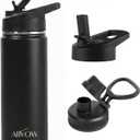 Insulated Water Bottle 32 oz with Straw, Metal Vacuum Stainless Steel Water Flask, Leak Proof & BPA-Free Sports Mens Water Bottle (2 Lids) for Gym,Hiking,Travel, Black