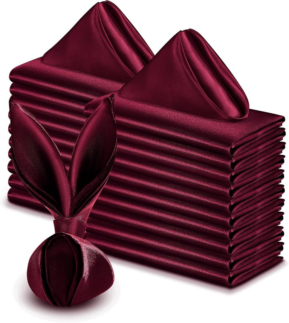 VACVELT 50 Pack Burgundy Satin Napkins - 17x17 Inch Square Dinner Napkins for Wedding, Banquet, Party
