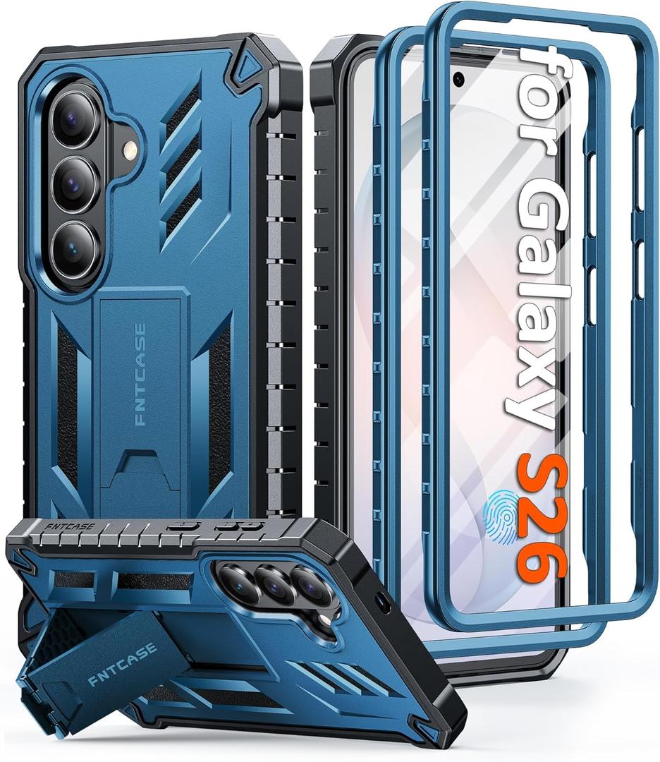 FNTCASE for Samsung Galaxy S26 Case: with [Built-in Screen Protector & Kickstand] [2 Front Frames] [Military-Grade Drop Protection] Heavy Duty Shockproof Rugged Case Full Body Protective Cover Blue