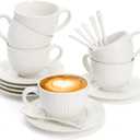 Jucoan Tea Cups and Saucers Set of 6, 7 Oz White Ceramic Coffee Cup and Saucers with Spoons Set, British Teacup Set for Cappuccino, Espresso, Latte, Tea Party Wedding Birthday Housewarming Gift