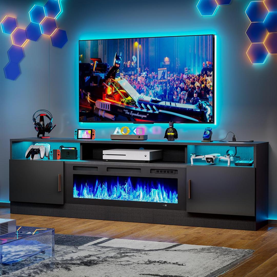 MXV 70" Fireplace TV Stand with Power Outlet for TVs UP to 80", Electric Fireplace Entertainment Center with LED Lights & Storage Cabinets, TV Console for Living Room, Office, Black