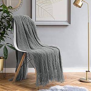 HOMEIDEAS Knit Blanket (50×61 Inches), Soft Warm Textured Blanket with Tassels, Lightweight Woven Decorative Blanket for Couch Sofa Chair Bed Living, Throw Blanket Grey