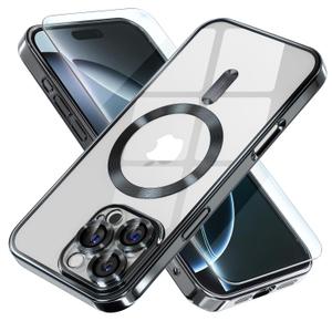 Misea Magnetic for iPhone 16 Pro Case Compatible with MagSafe [Never Yellowing] [Military Grade Drop Protection] Full Camera Lens Protector Plating Soft Clear Phone Case for Women 6.3", Black