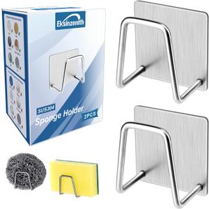 Eksinzenith 2Pcs Sponge Holder for Kitchen Sink，Strong Adhesive Small Sponge Holder，Sink Holder for Brush and Sponge，Premium Rustproof SUS304 Stainless Steel Rust Proof Waterproof (Silver)