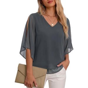 Uhiger Chiffon Blouses for Women V Neck Dressy Casual 3/4 Sleeve Tops 2026 Summer Vacation Double Layers Outfits (XXXL)