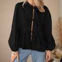 PRETTYGARDEN Women's Spring Fall Babydoll Peplum Blouse Shirt Puff Long Sleeve Bow Tie Front Trendy Cute Y2K Going Out Tops (Black, L)