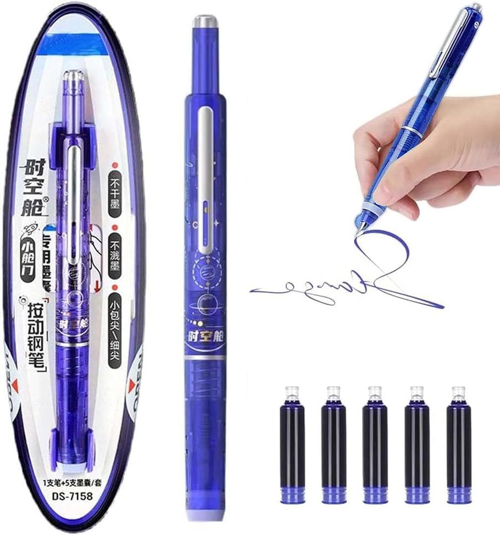 Fountain Pen Retractable: 0.38mm Blue&black Ink Transparent Barrel Includes 5 Refillable Ink Cartridges, Medium Nib Transparent Barrel for Smooth Writing No Leaking (Dark blue)