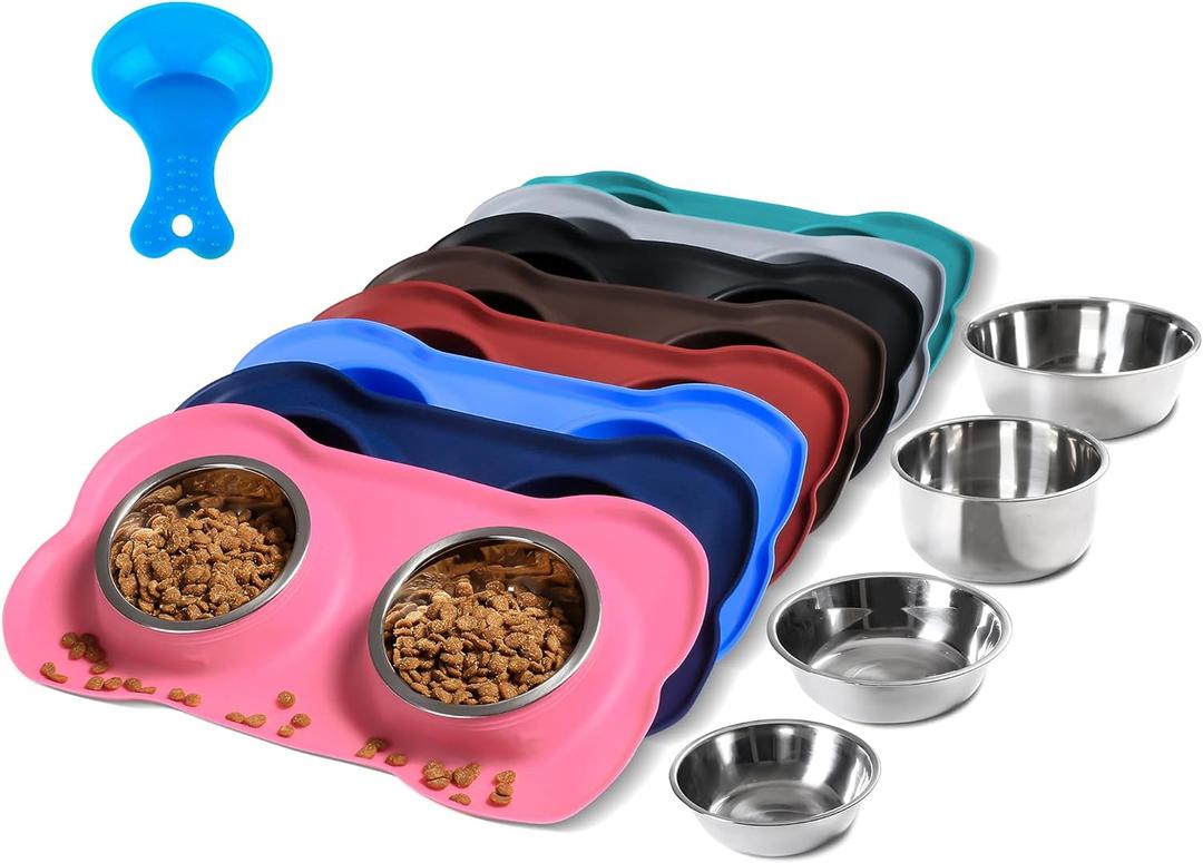 Hubulk Pet Dog Bowls 2 Stainless Steel Dog Bowl with No Spill Non-Skid Silicone Mat + Pet Food Scoop Water and Food Feeder Bowls for Feeding Small Dogs Cats Puppies (S, Pink)