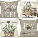 DFXSZ Farmhouse Pillow Covers 16x16 Set of 4 Eucalyptus Leaves Decorations Truck Sweet Home Spring Pillow Covers, Polyester Cushion Case Gifts for Home Decor 175 (16" x 16" (Pack of 4), Grey)