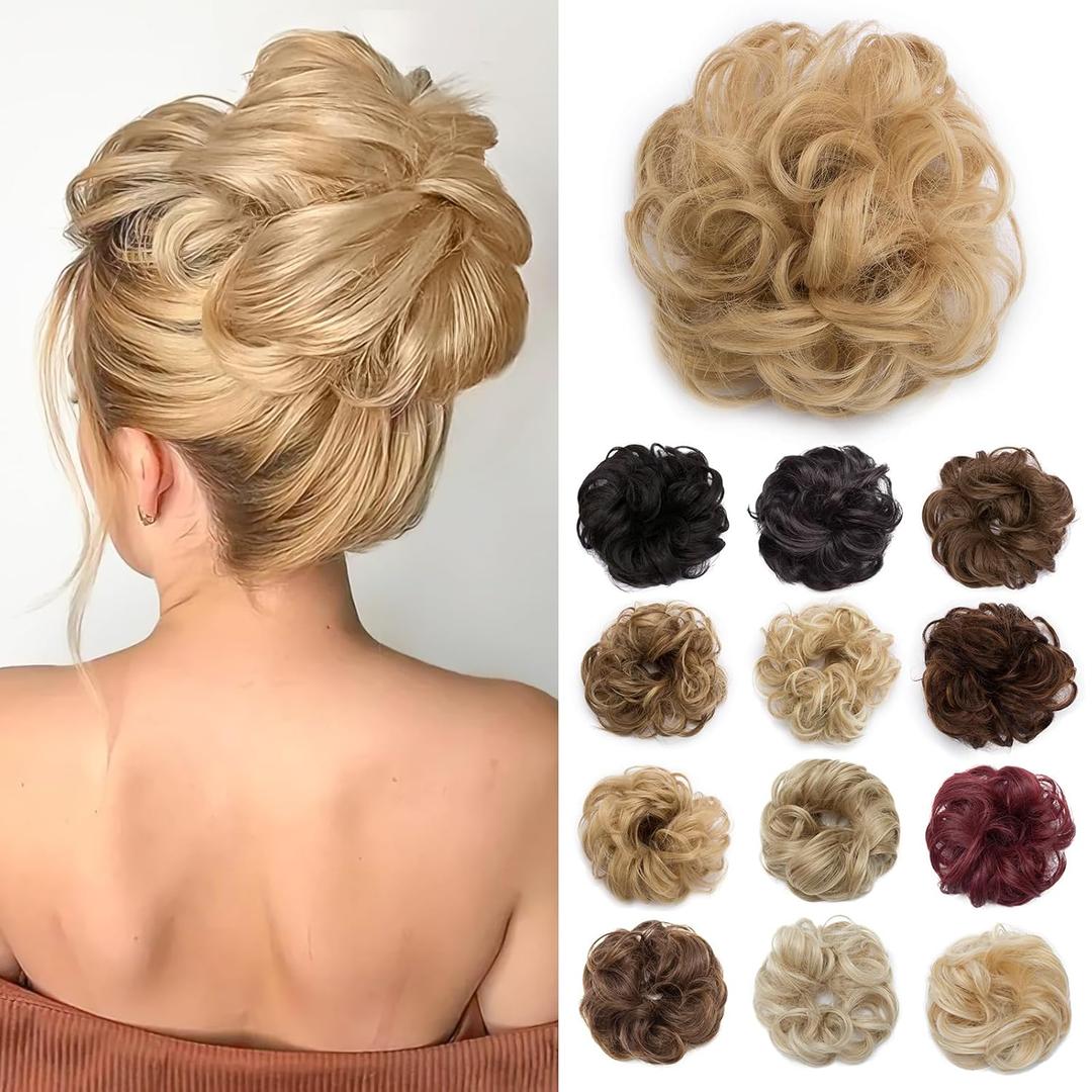 Benehair Messy Bun Hair Piece Scrunchy Updo Hair Pieces for Women Fluffy Wavy Hair Bun Scrunchies Donut Hairpiece Synthetic Chignons With Elastic Rubber Band Dark Blonde & Ash Blonde 1pc 25g