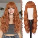 FESHFEN Auburn Wig with Bangs for Women - Long Wavy Natural Looking Synthetic Hair Wigs for Daily Party Costume, 26 inch