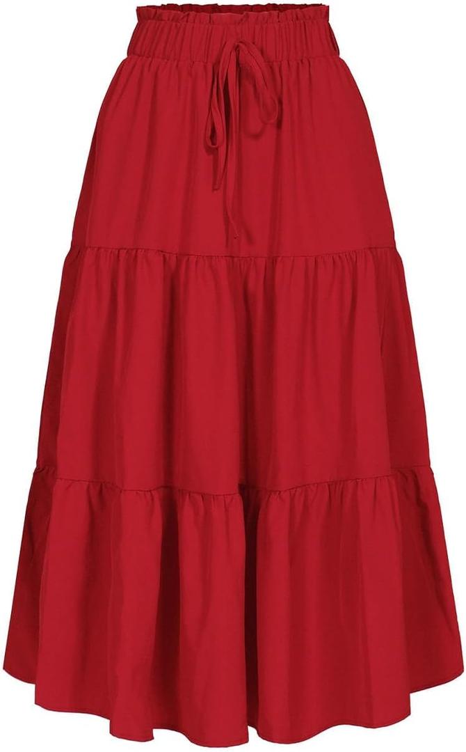 MSLG Women's High Elastic Waist Midi Skirt Casual Summer Trendy Tie Front Flowy Ruffle Floral Print A line Skirts 626 (Red, L)