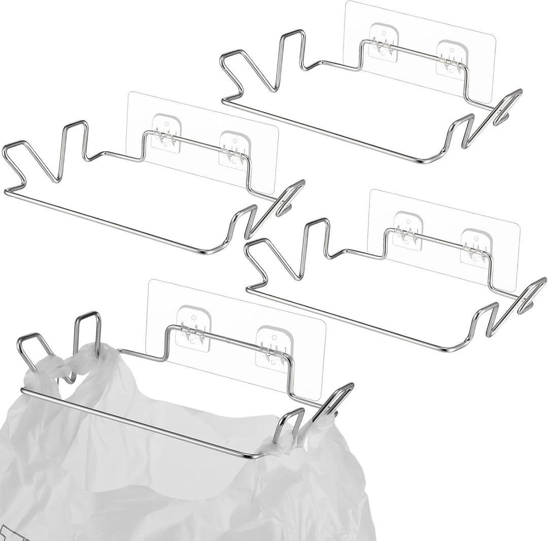 Tandefio 4 Pcs Stainless Steel Trash Bag Holder for Kitchen Cabinet Door and Cupboards with Wall Sticker Base Portable Under Sink Bag Holder for Plastic Bathroom Camper Picnics